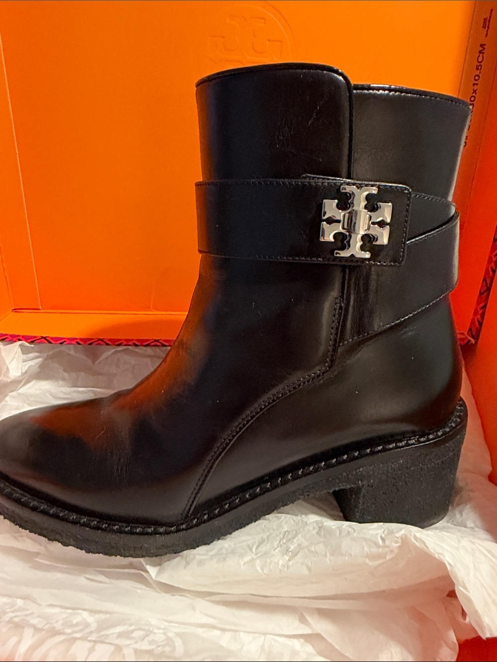 Tory Burch Black Leather Ankle Boot with Silver Logo Accent